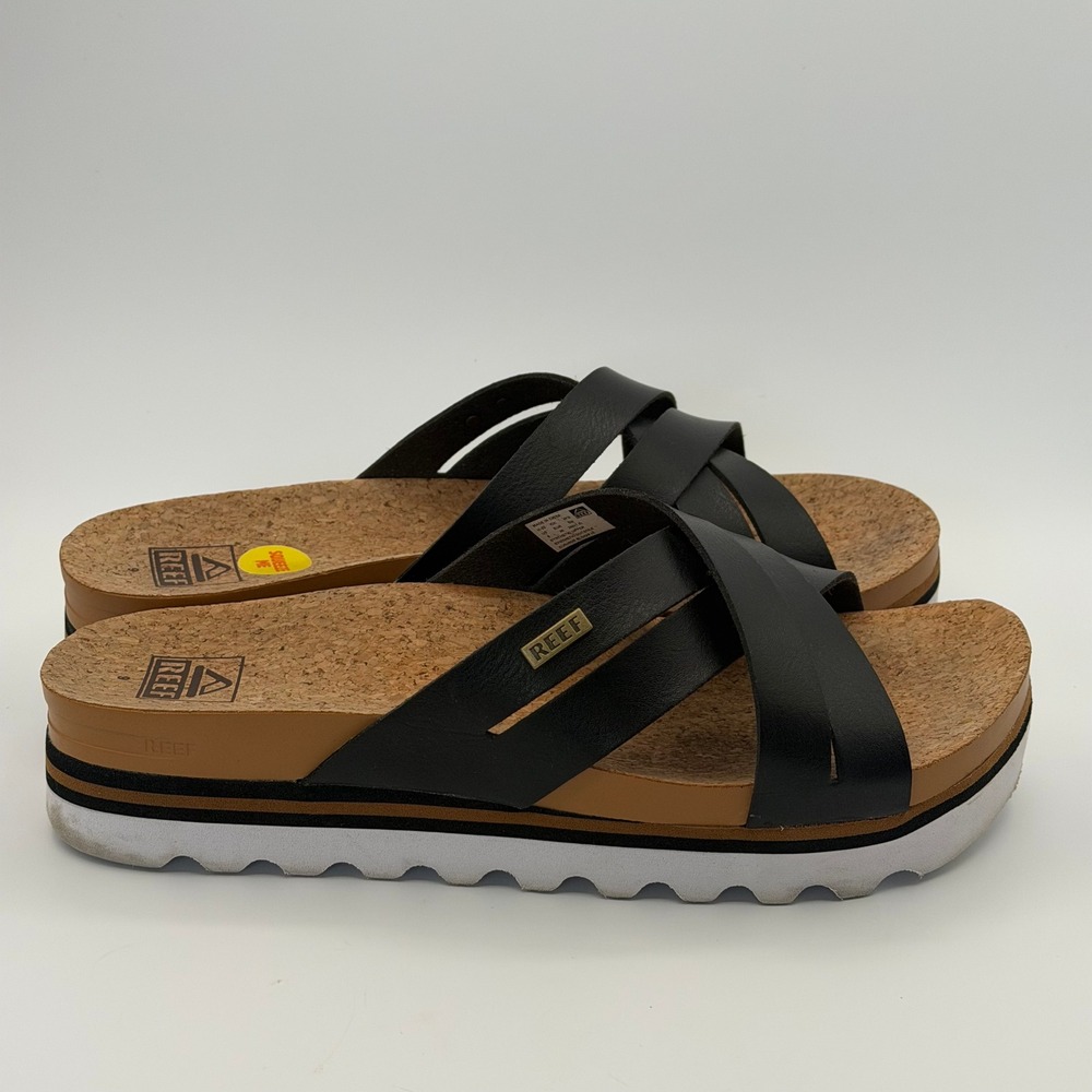 Reef Cushioin Bloom Hi Sandals Women 9 Black Platform Cork Slides Comfort Travel